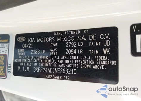 2021 Kia Forte Lxs from USA, damaged, VIN 3KPF24AD1ME363210